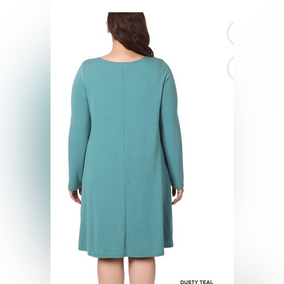 Zenana Long Sleeve Jersey Swing T-Shirt Dress with Side Pockets Dusty Teal XL - Picture 3 of 9